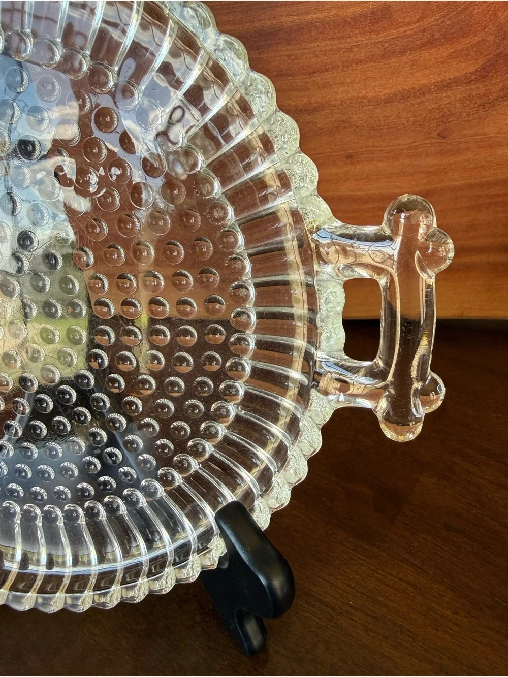Clear Pressed Glass Handled Serving Plate Hobnail Dot Scalloped Edge